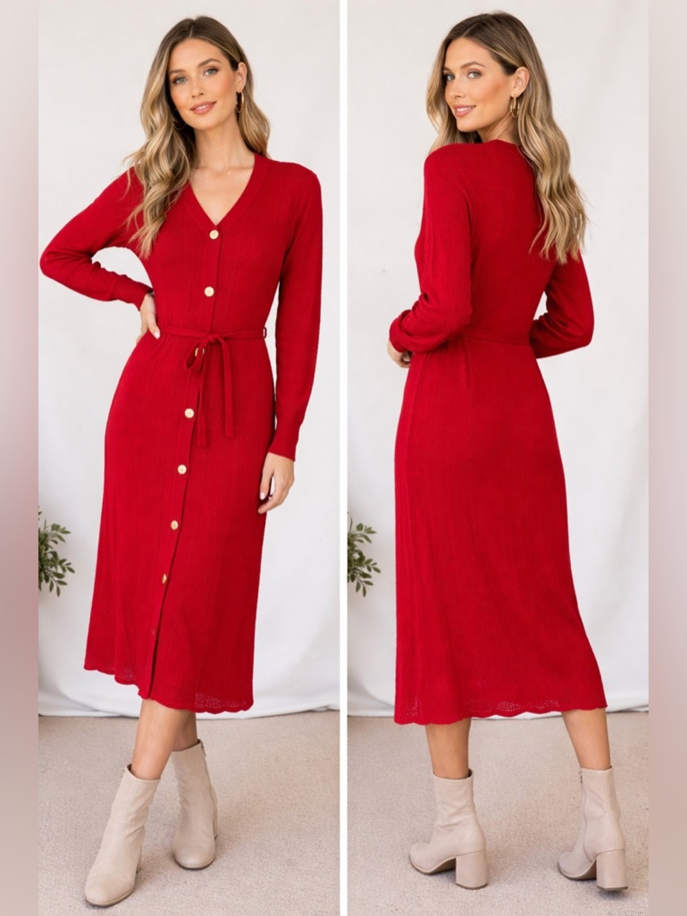 Women's Vintage Laura by Alyzia Button Down Knit Sweater Midi Dress Red Size 8